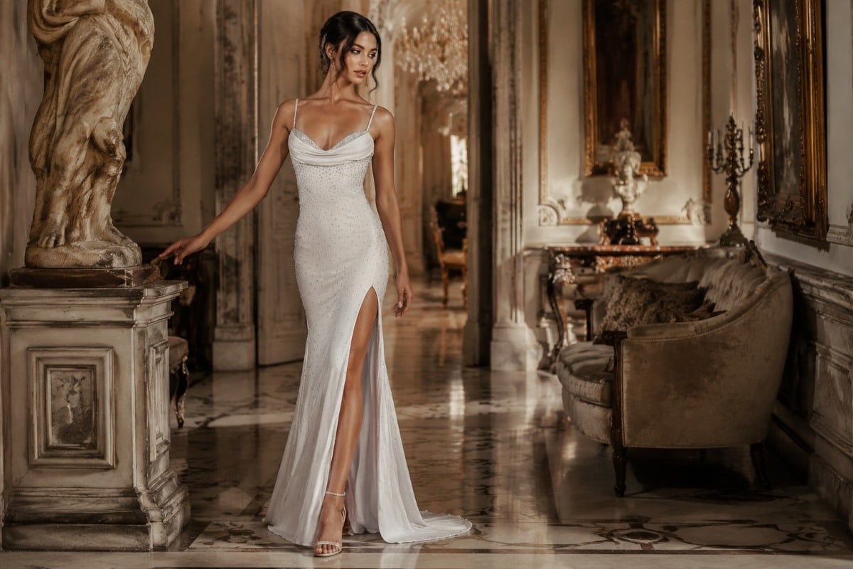 Elegant cowl neck crystal evening gown