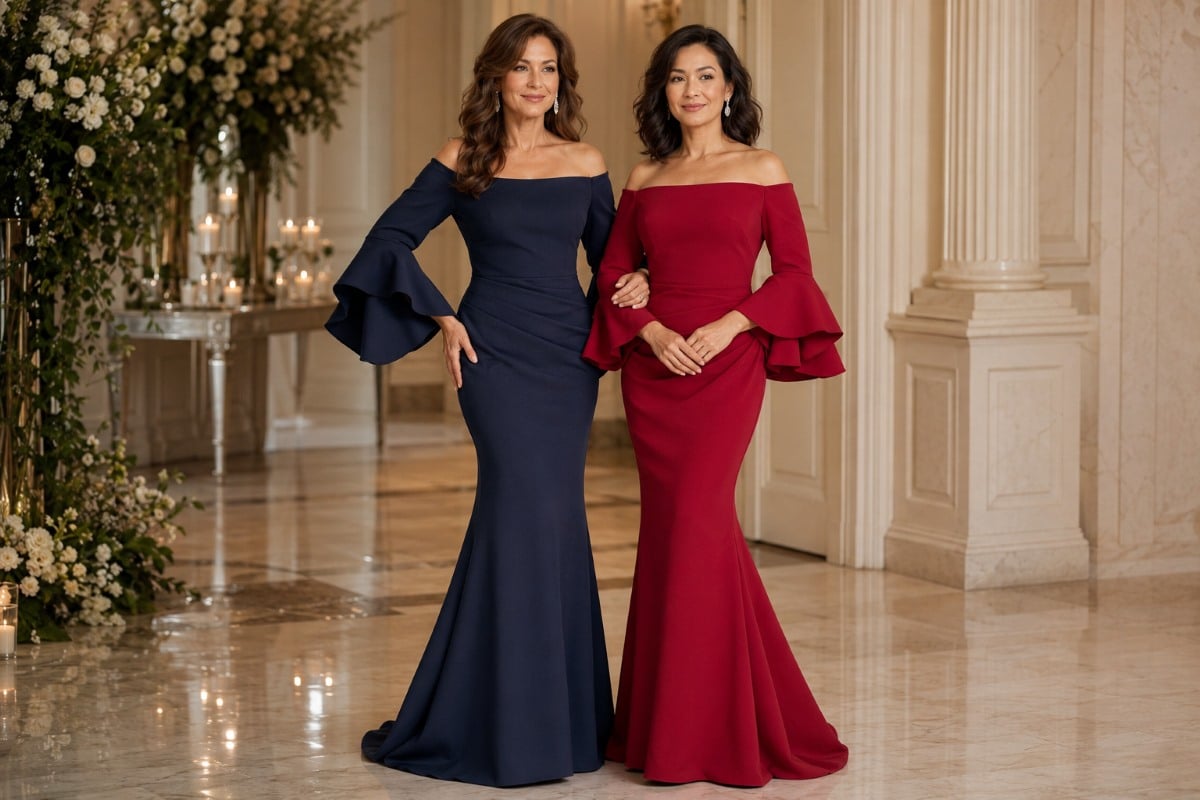 Navy trumpet gown with off-shoulder neckline and layered bell sleeves