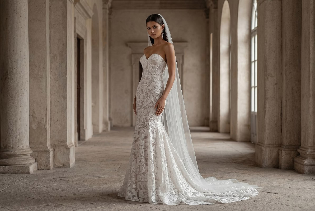 Floral lace strapless gown in a stone mansion.