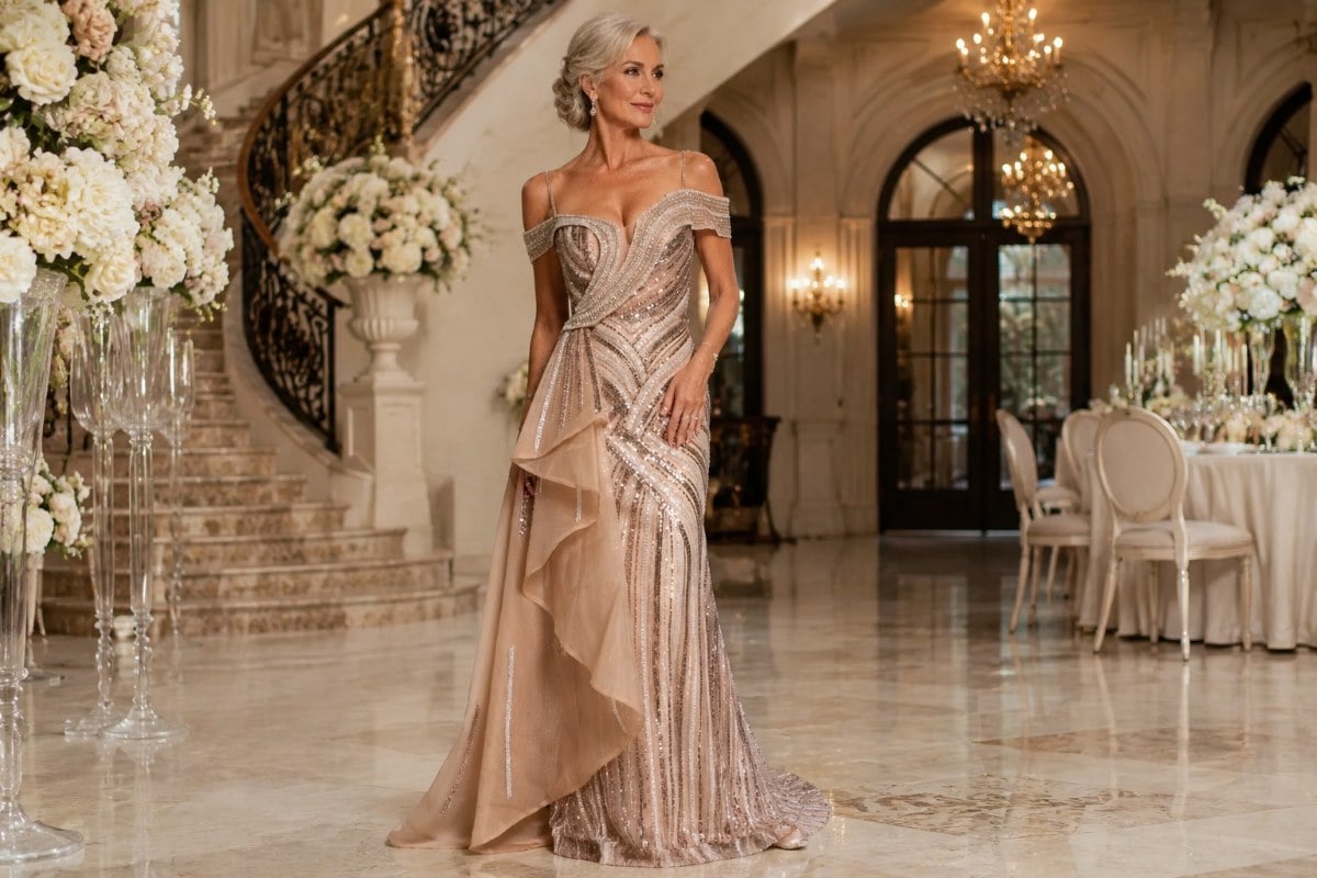 Elegant grandmother wedding gown editorial look