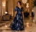 Elegant navy flutter sleeve evening gown