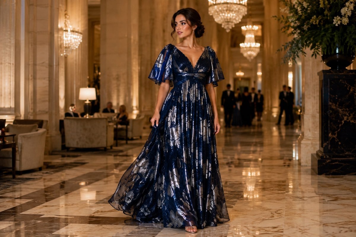 Elegant navy flutter sleeve evening gown