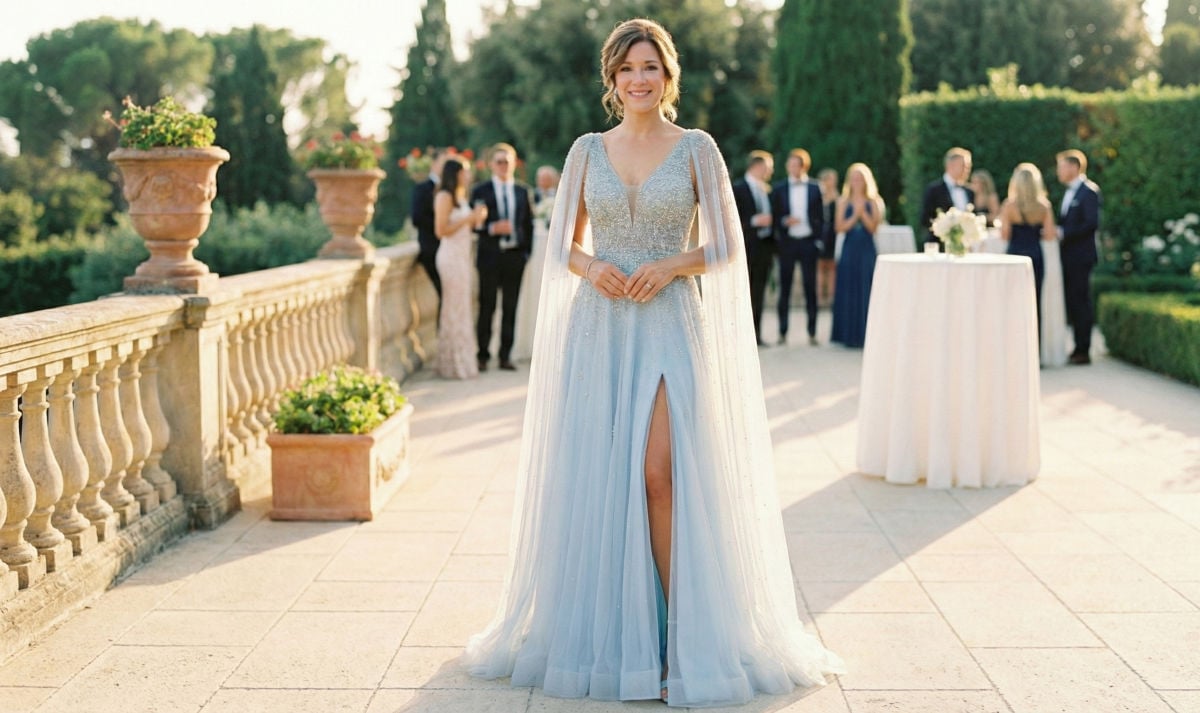 Mother of the bride in a sky blue A-line gown with sheer cape sleeves and beaded bodice.