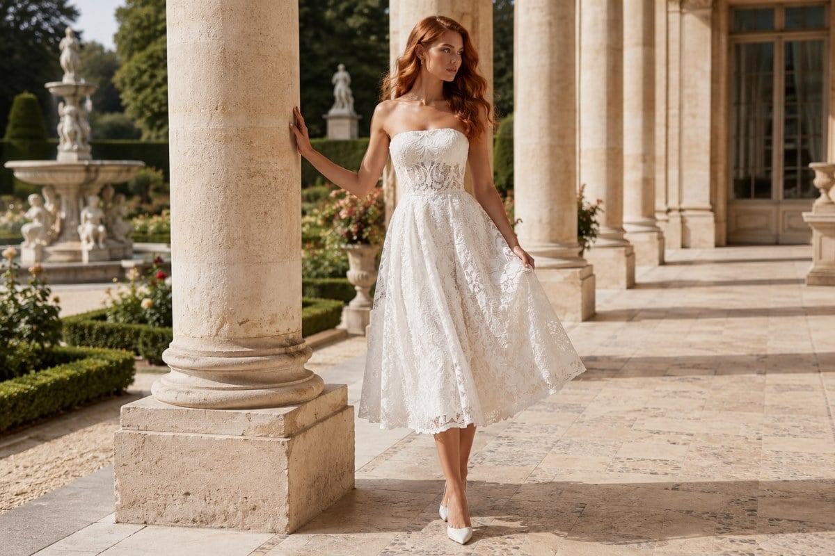 Elegant tea length lace bridal dress