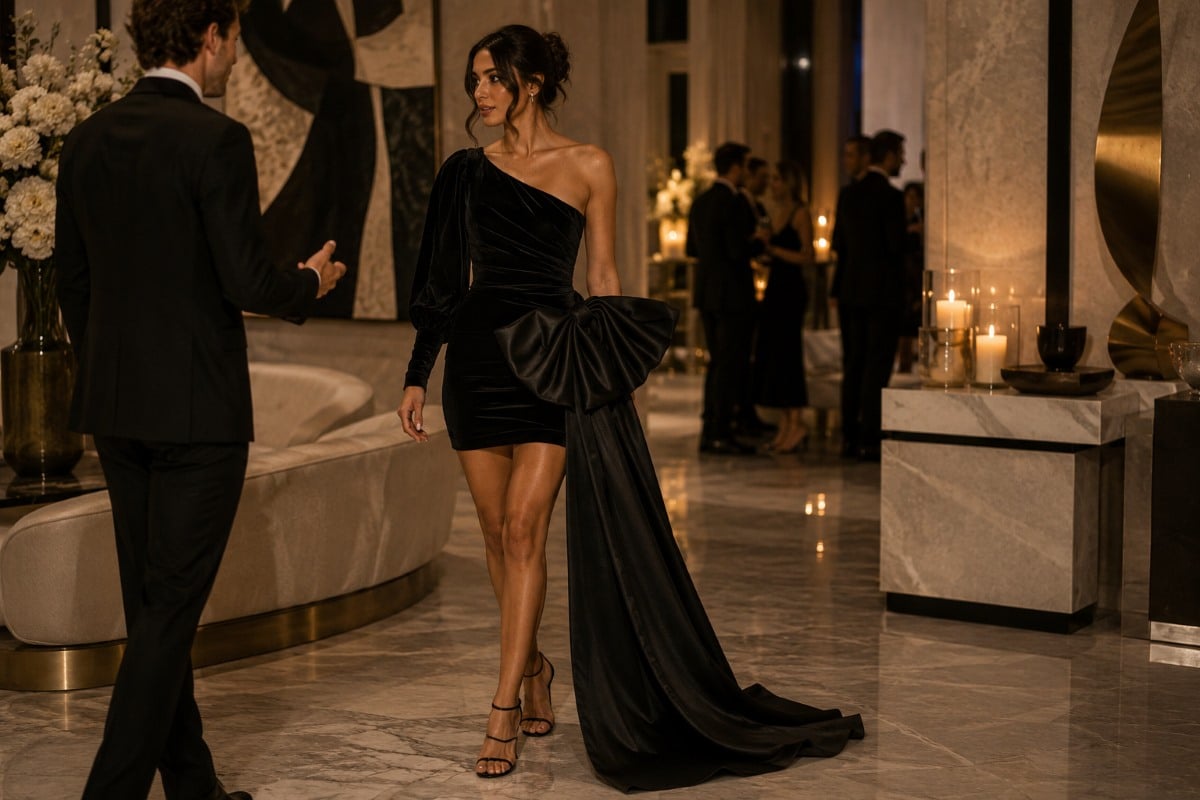 Elegant black hostess dress at luxury gathering