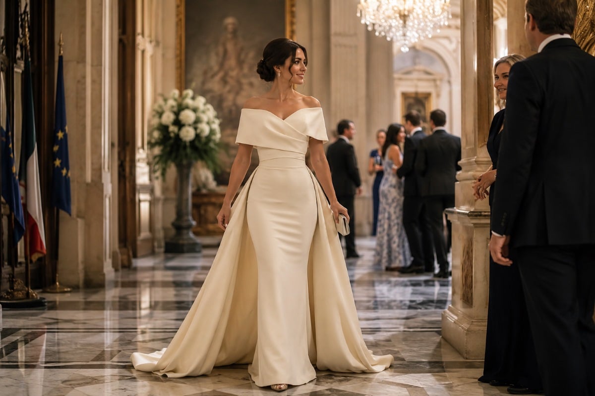Elegant ivory gown at embassy reception