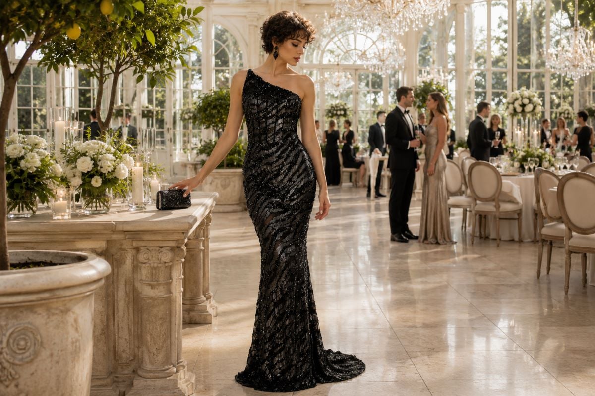 Embellished black wedding guest gown texture