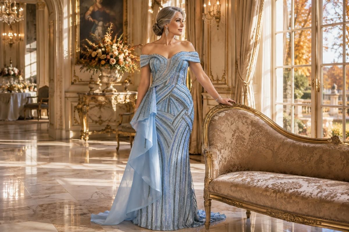Embellished blue mother of bride gown