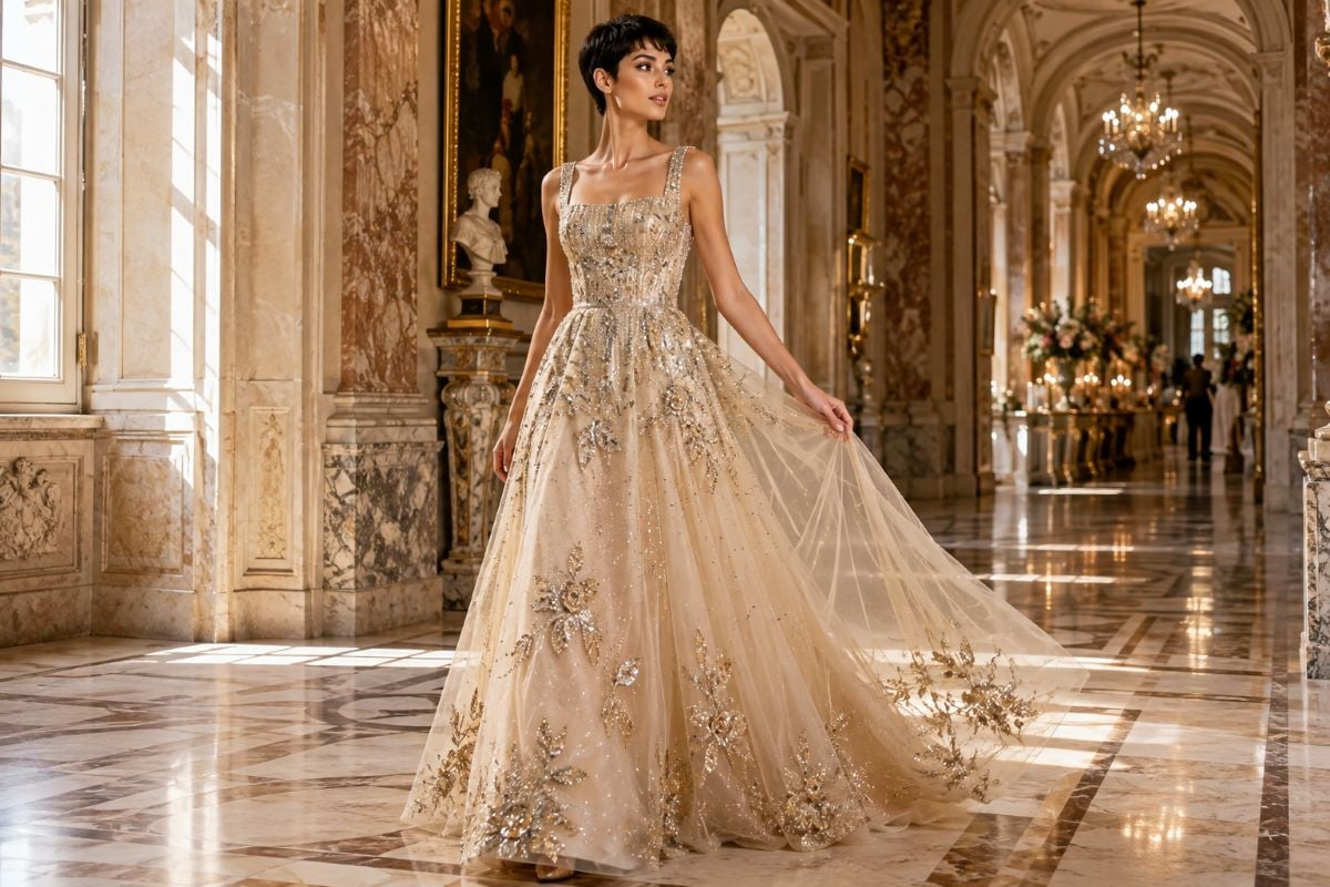 Embellished champagne A-line evening gown