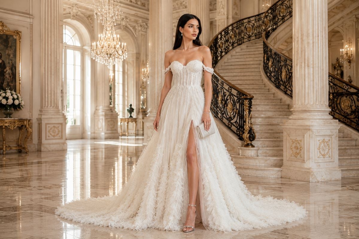 Woman in embellished off shoulder couture gown with elegant formal accessories
