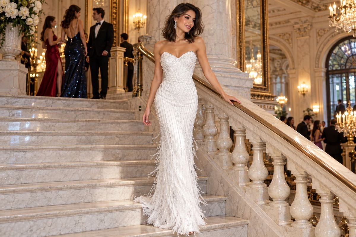 Embellished white prom gown grand staircase