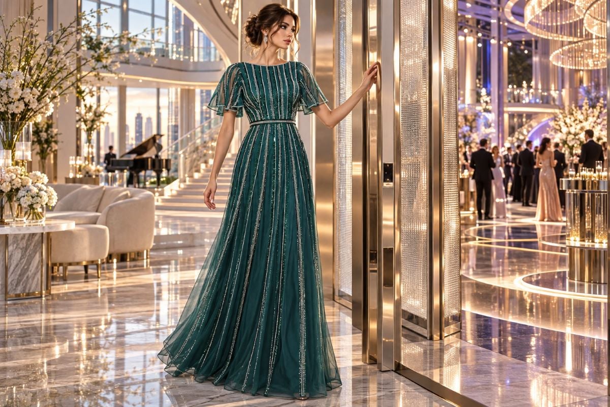 Emerald adaptive transformation editorial evening gown