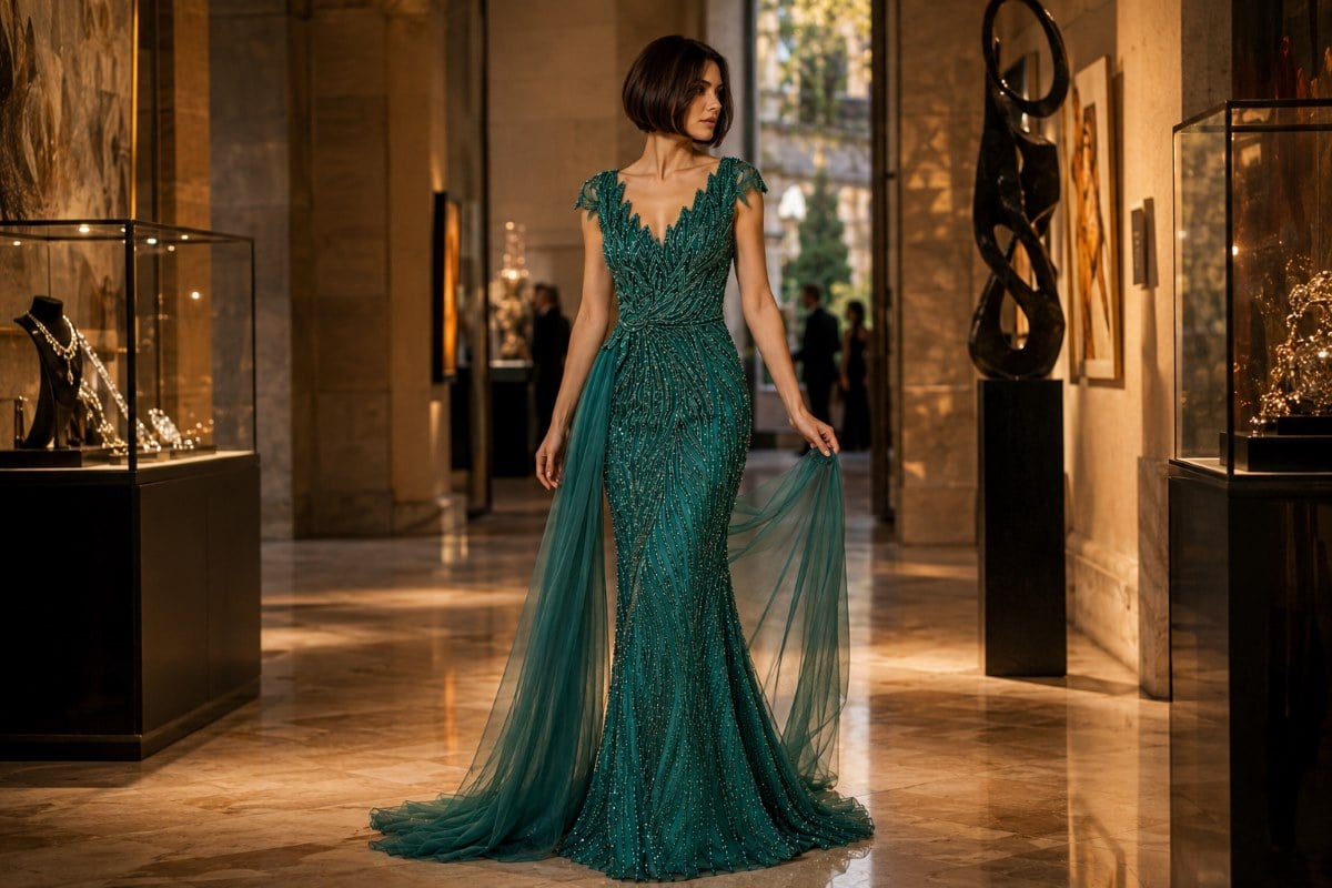 Emerald beaded couture investment evening gown