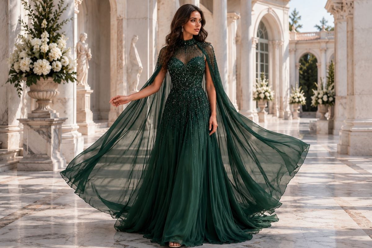 Emerald cape sleeve gown with flowing couture silhouette