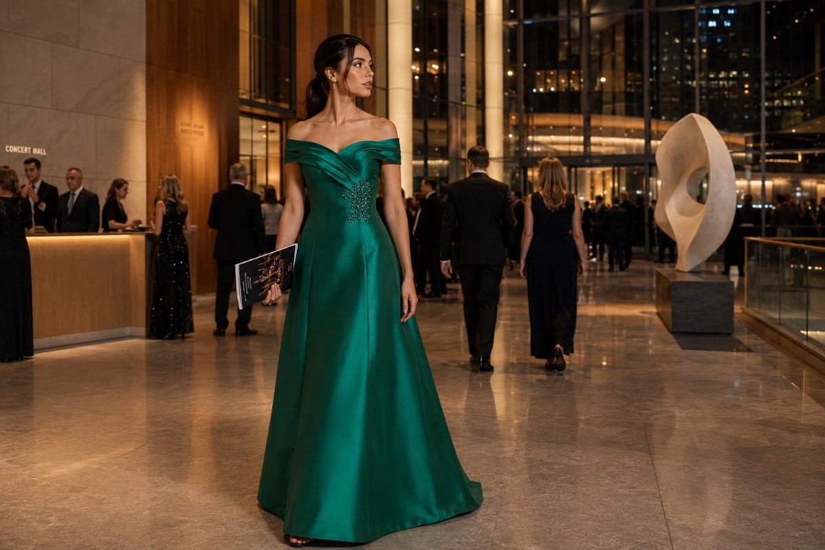 Elegant emerald gown at evening symphony performance