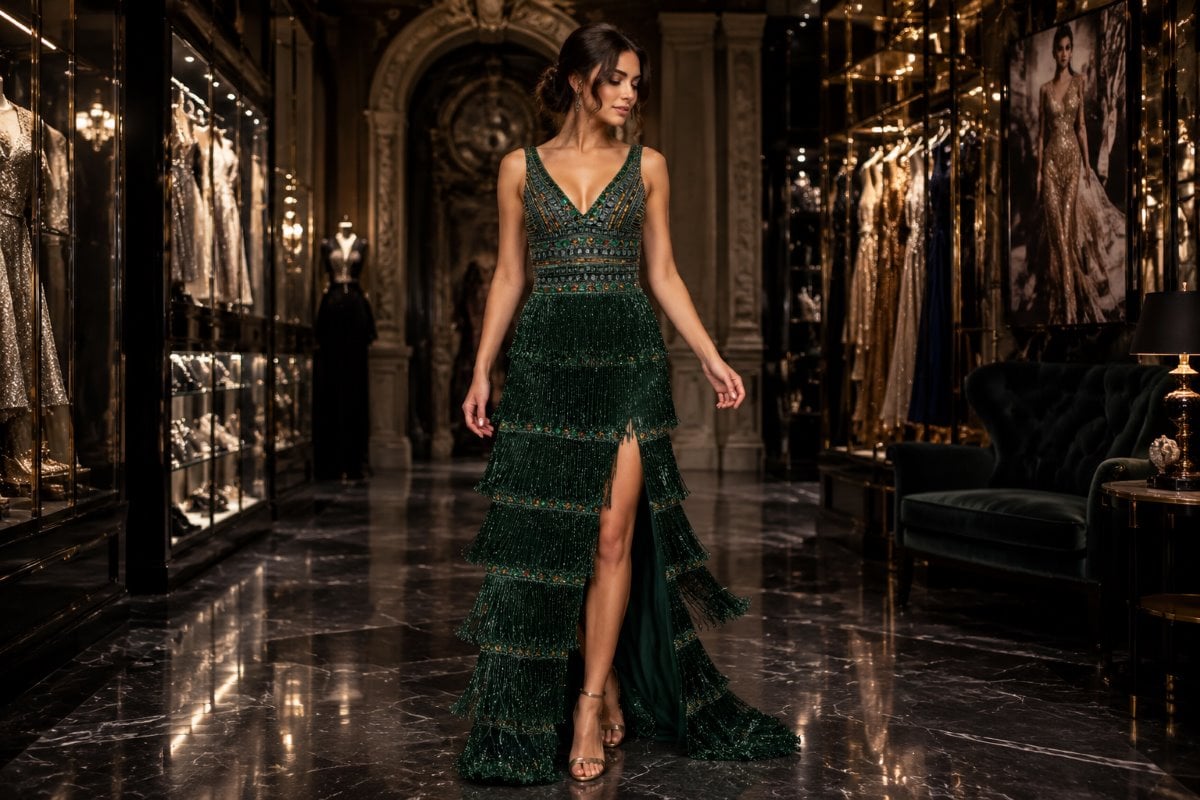 Emerald fringe prom dress luxury editorial