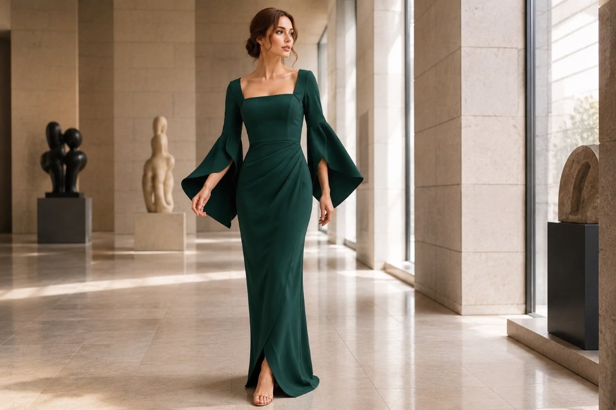 Emerald green cape sleeve evening gown in gallery