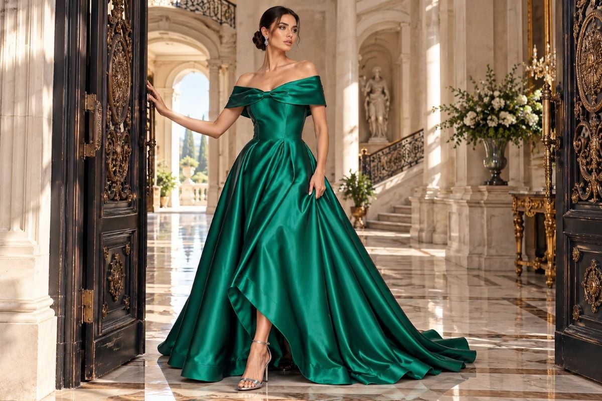 Emerald green gown with silver heels