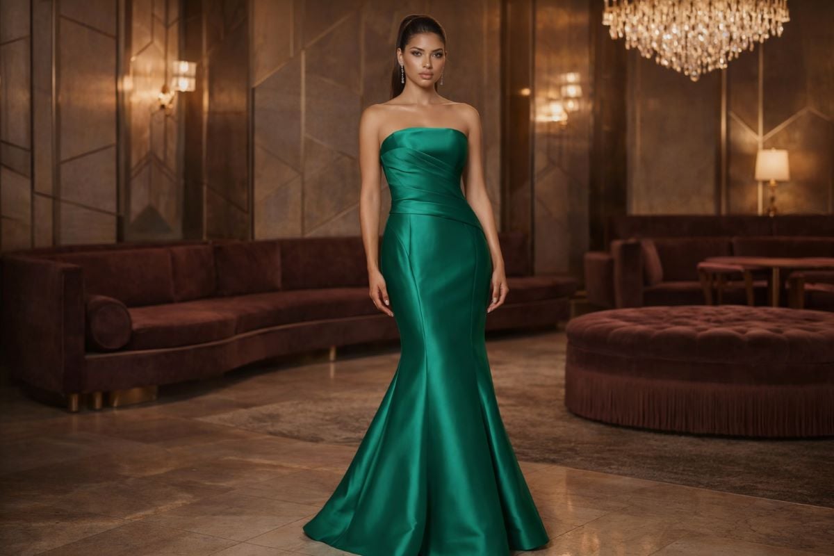 Emerald green satin strapless mermaid evening gown