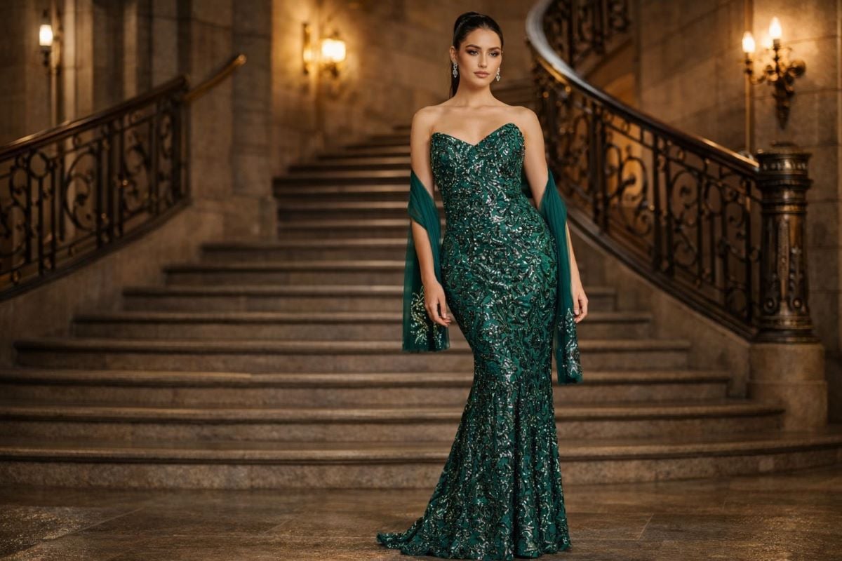 Emerald green sequin mermaid gown with strapless sweetheart neckline
