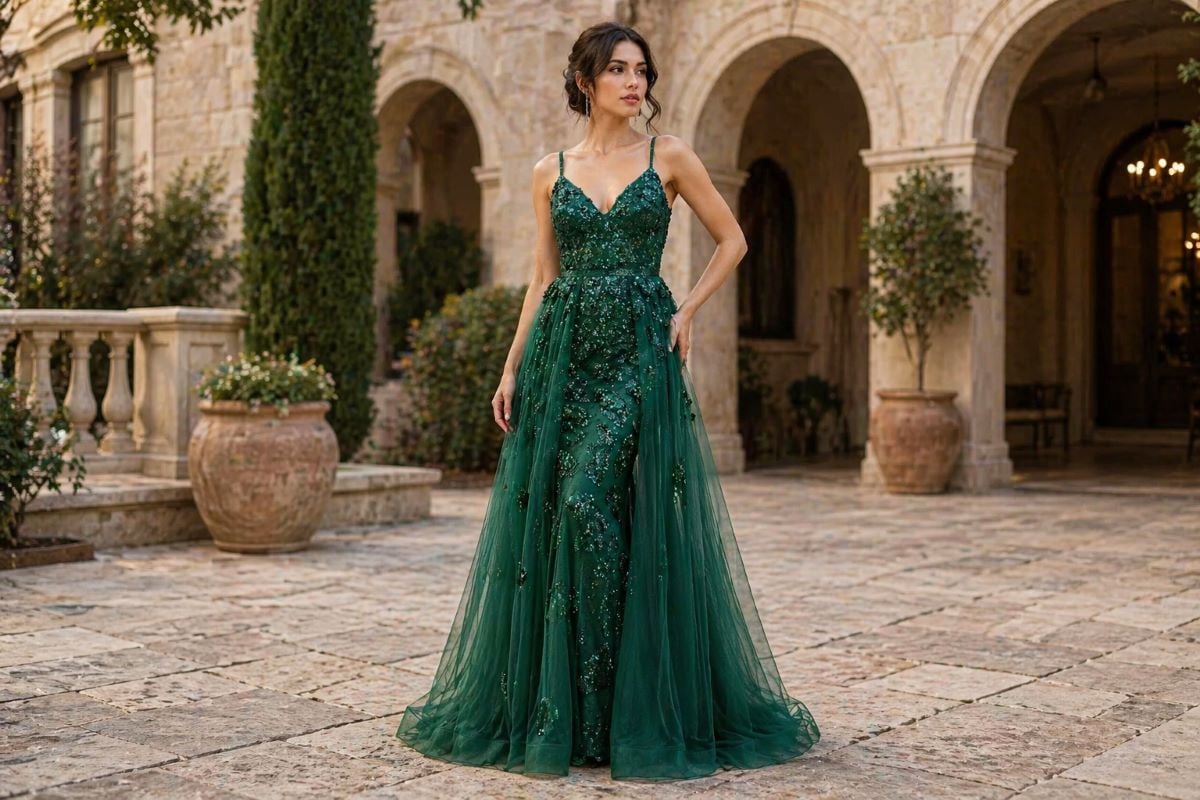 Emerald green sequin gown with tulle overlay full body