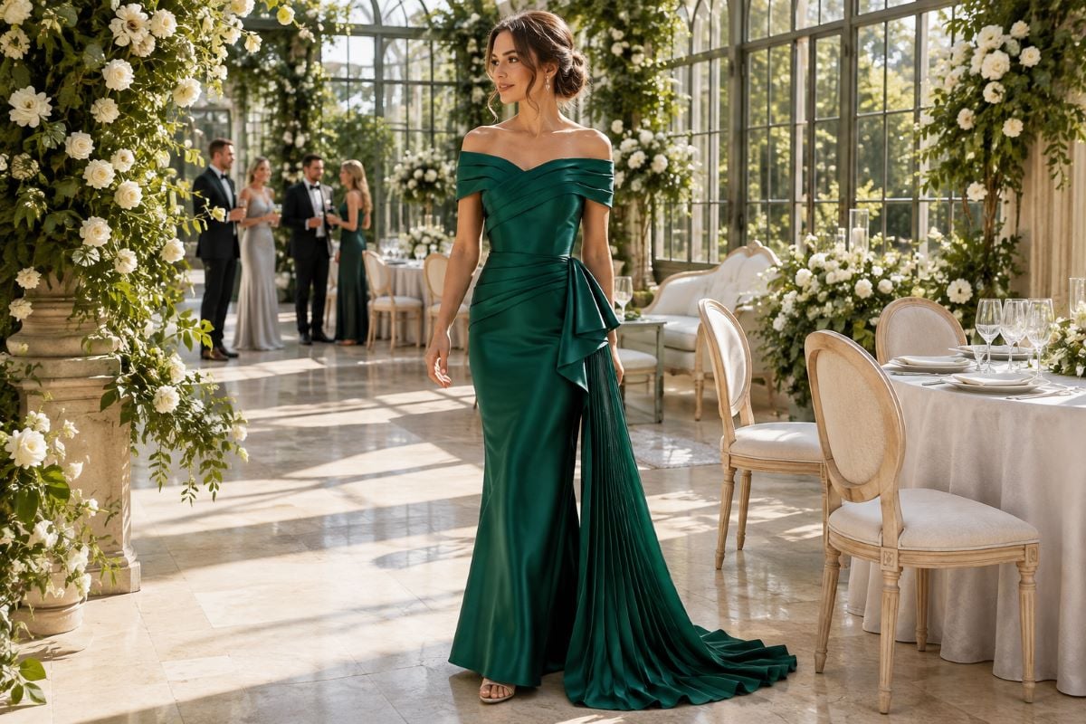 Emerald green wedding guest dress editorial