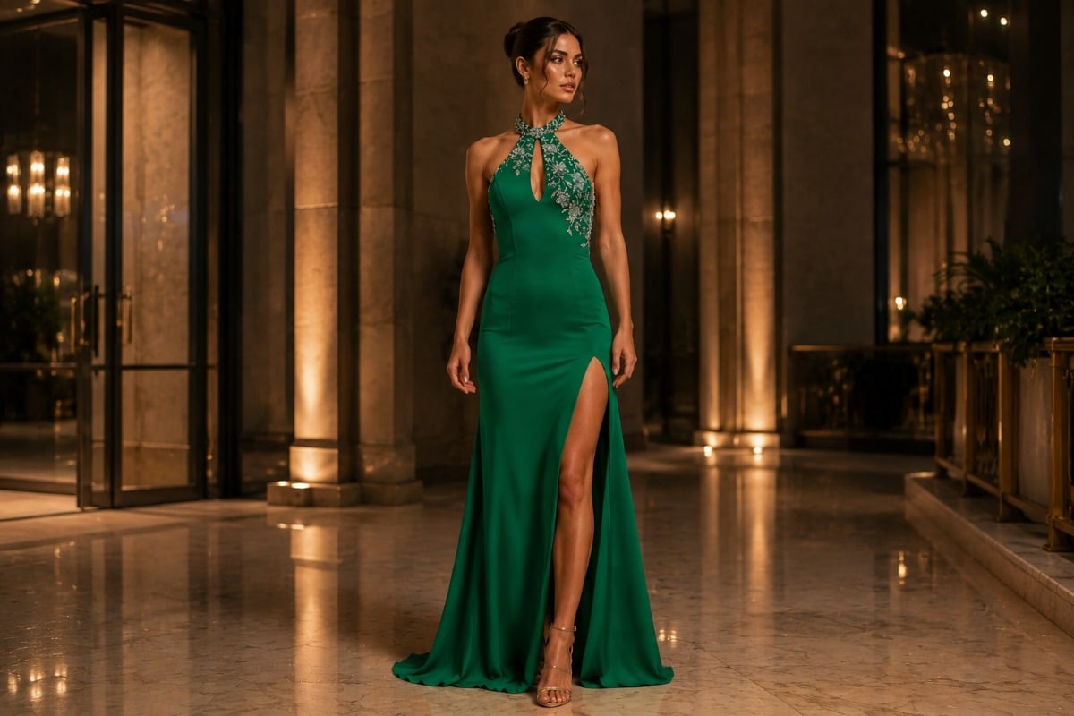 Emerald green halter column evening gown with crystal details in luxury venue