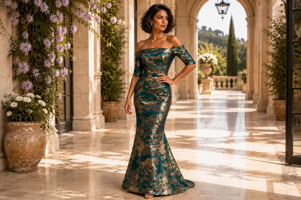 Emerald jacquard off shoulder evening gown