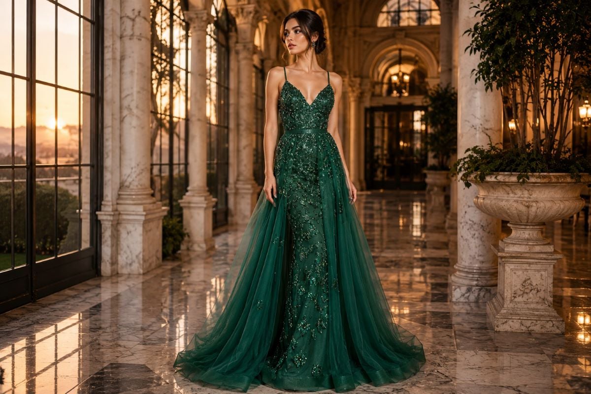 Emerald green embellished evening gown for fair skin and blonde hair