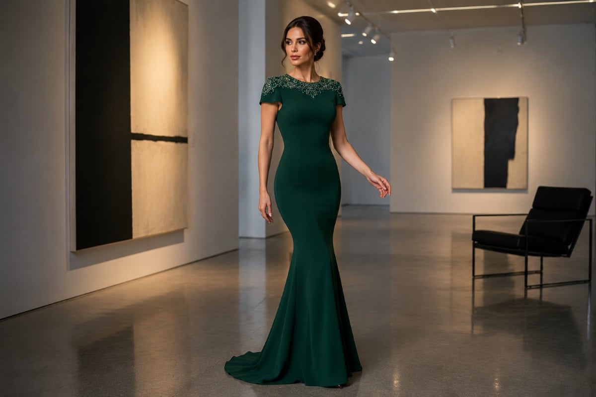 emerald embellished mermaid evening gown gallery