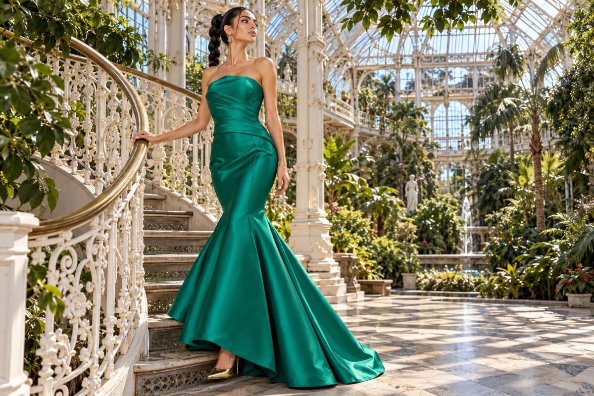 Emerald mermaid gown with gold heels