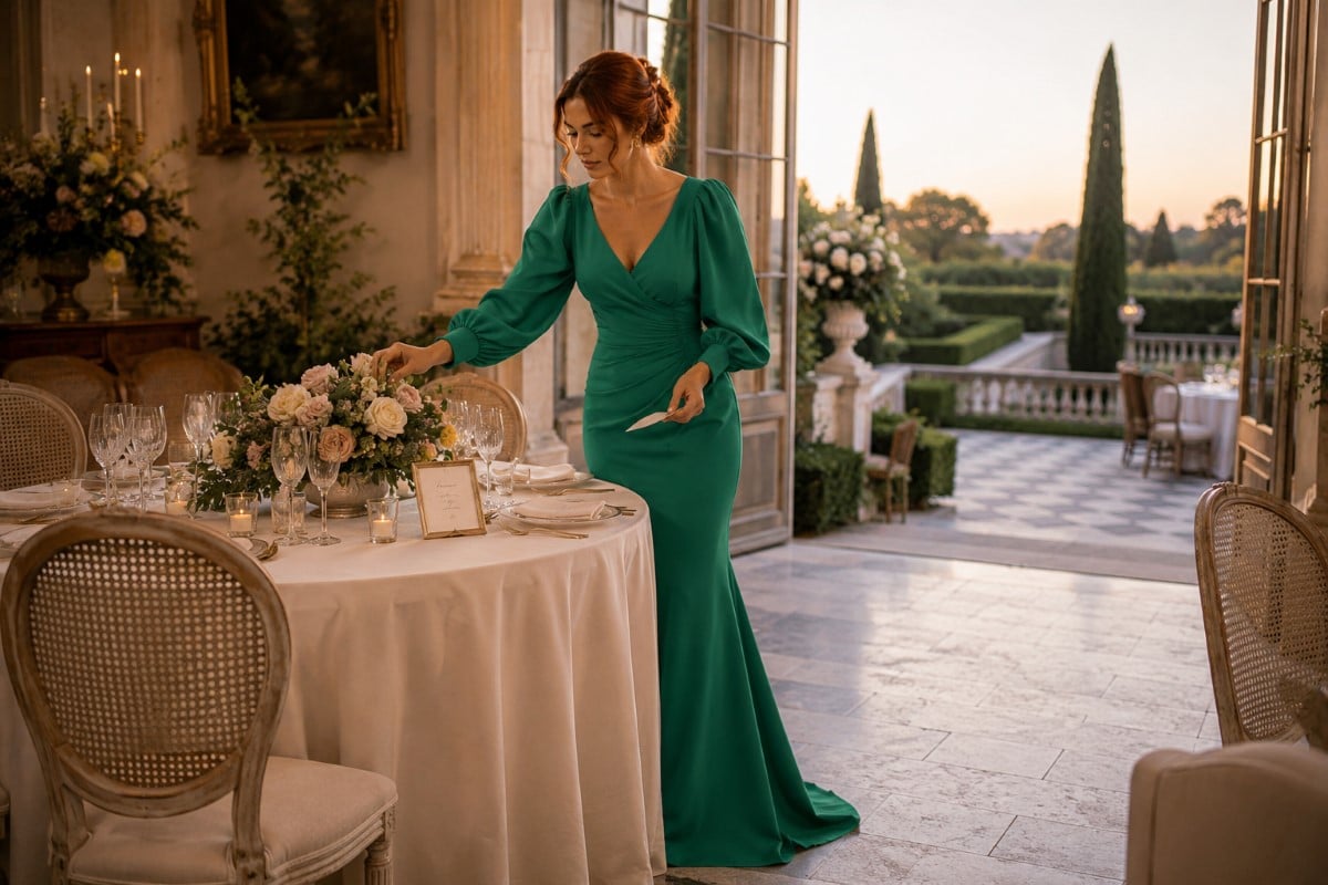 Emerald mermaid gown wedding guest styling