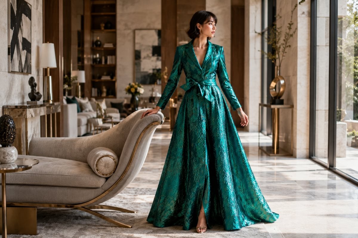 Emerald metallic brocade coat evening gown