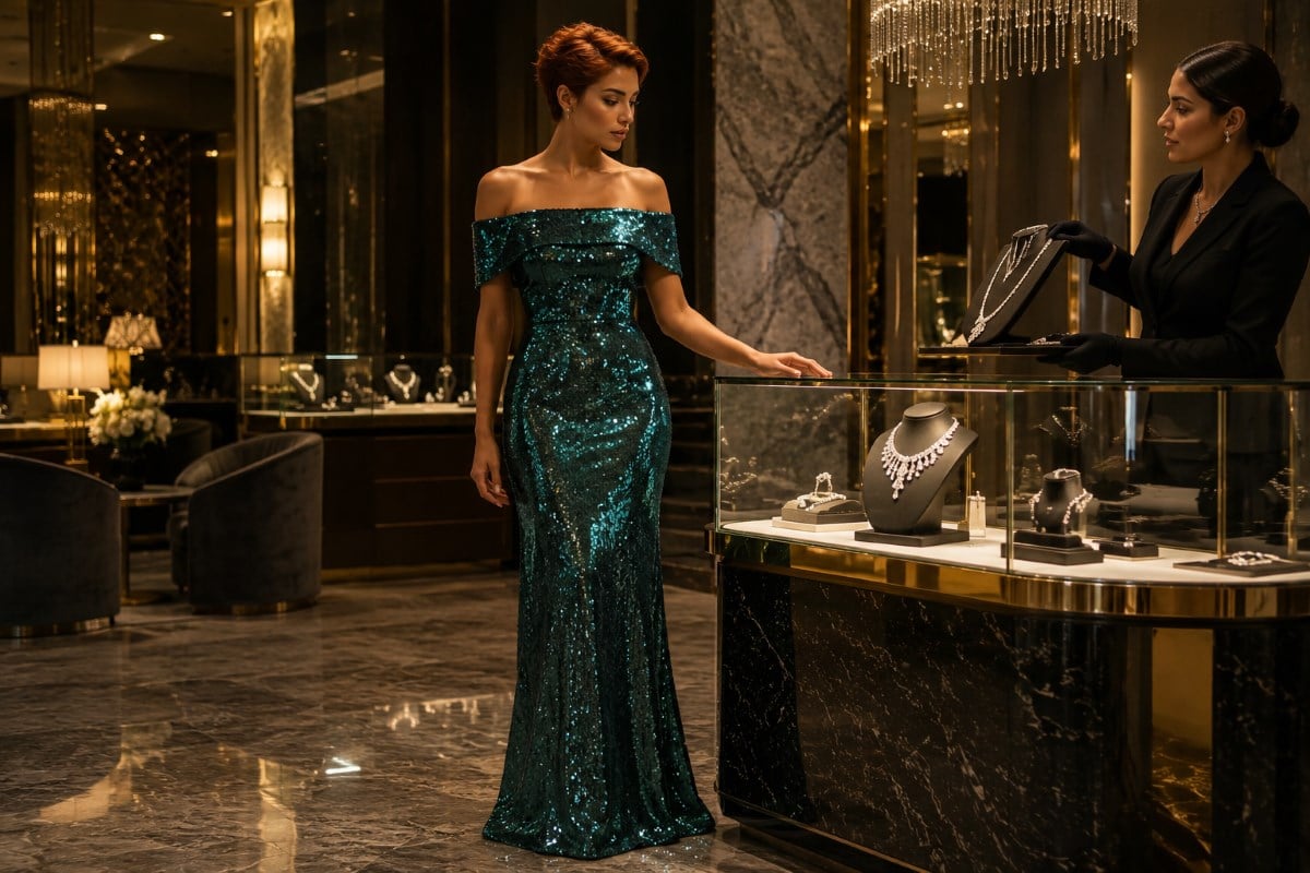 Emerald metallic gown luxury jewelry salon