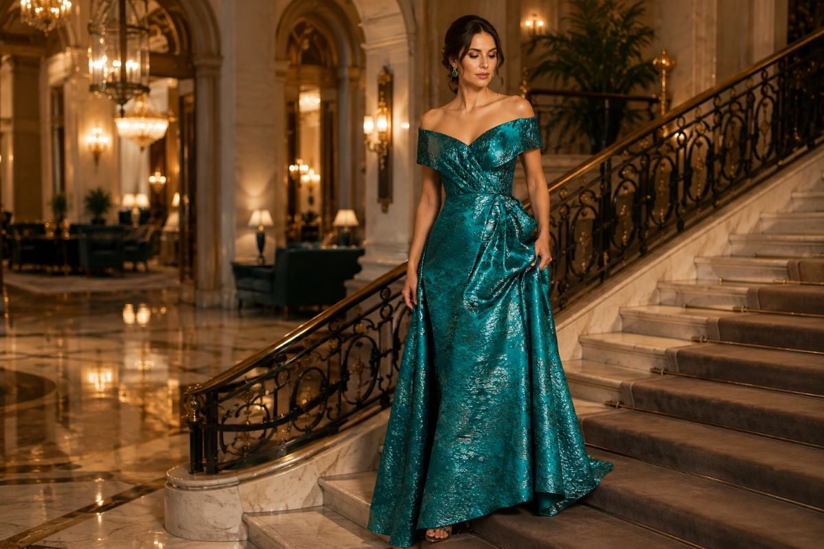 Elegant emerald metallic mother of bride gown