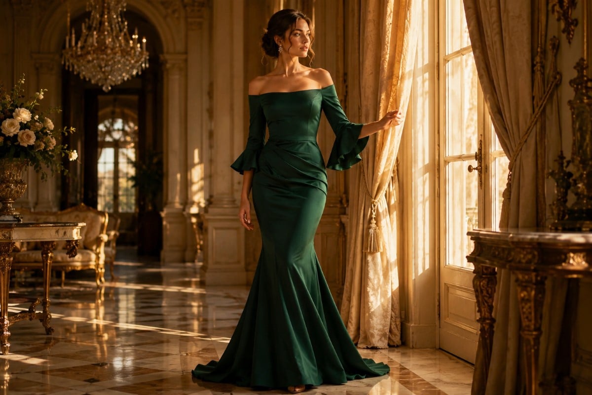 Emerald off-shoulder gown in luxury manor