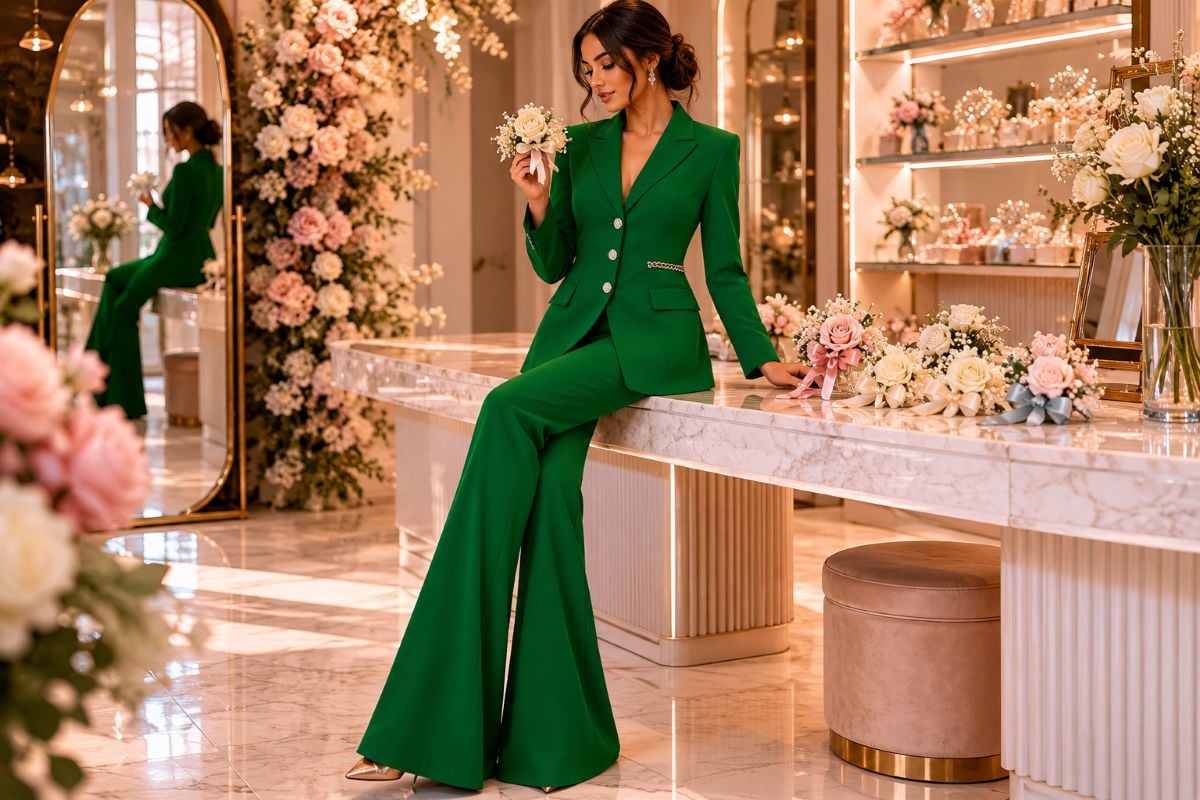 Emerald pantsuit with coordinated prom corsage choices