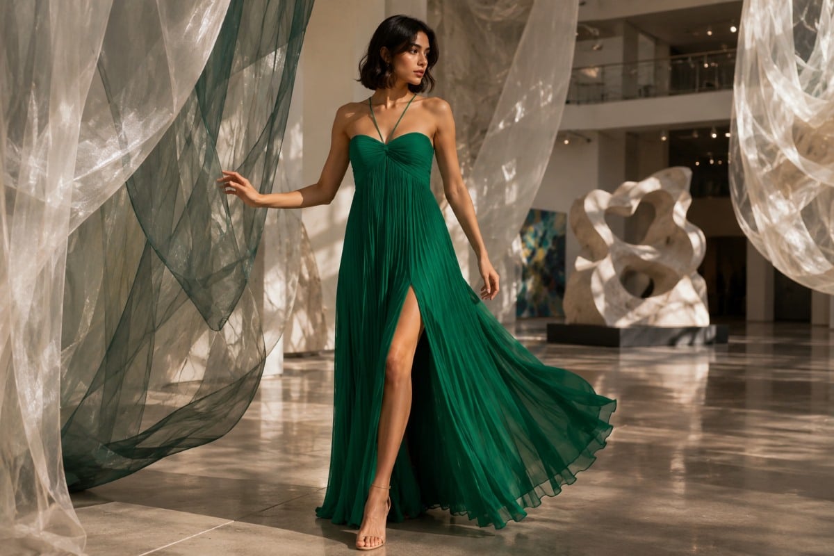 Emerald pleated chiffon prom gown movement