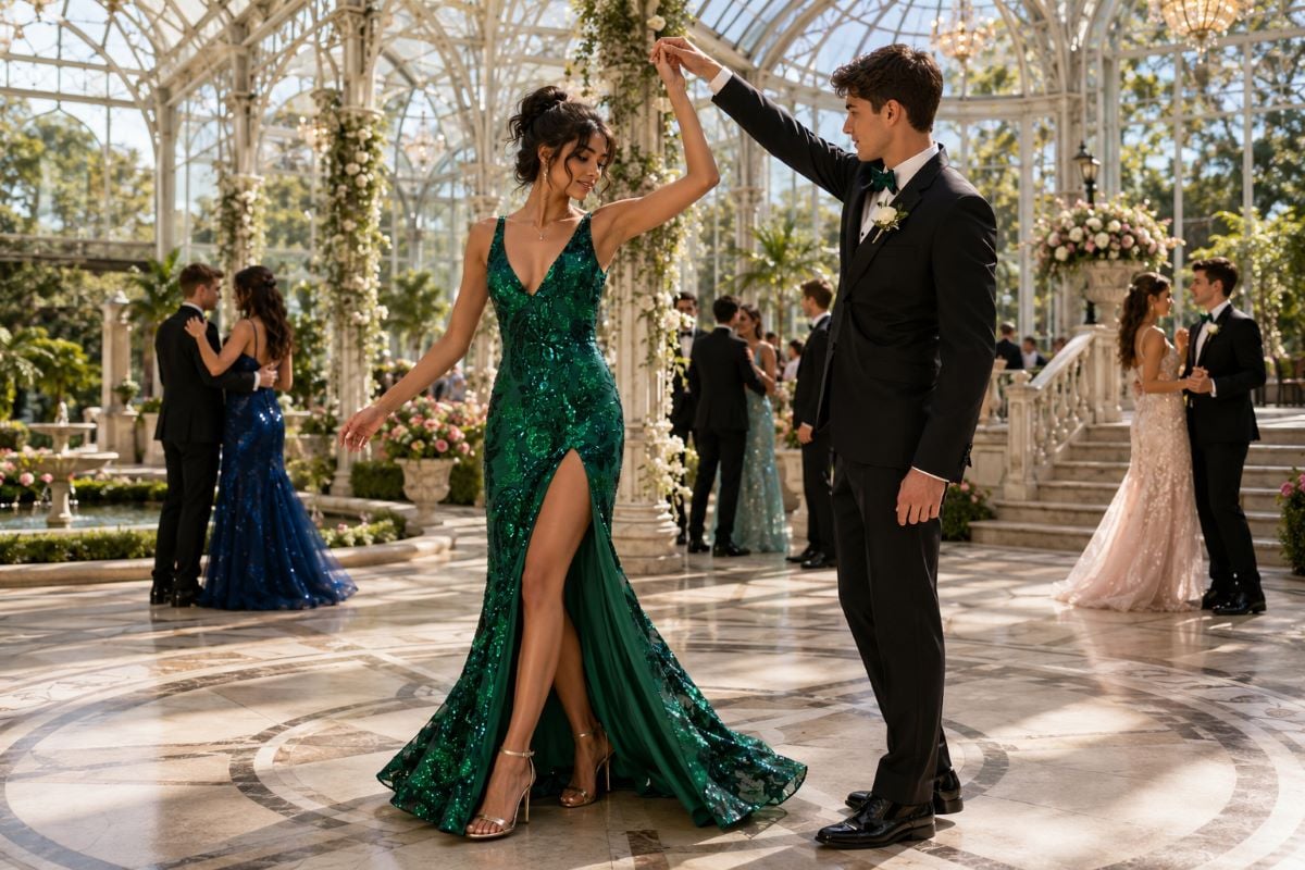 Emerald prom gown performing dance turn