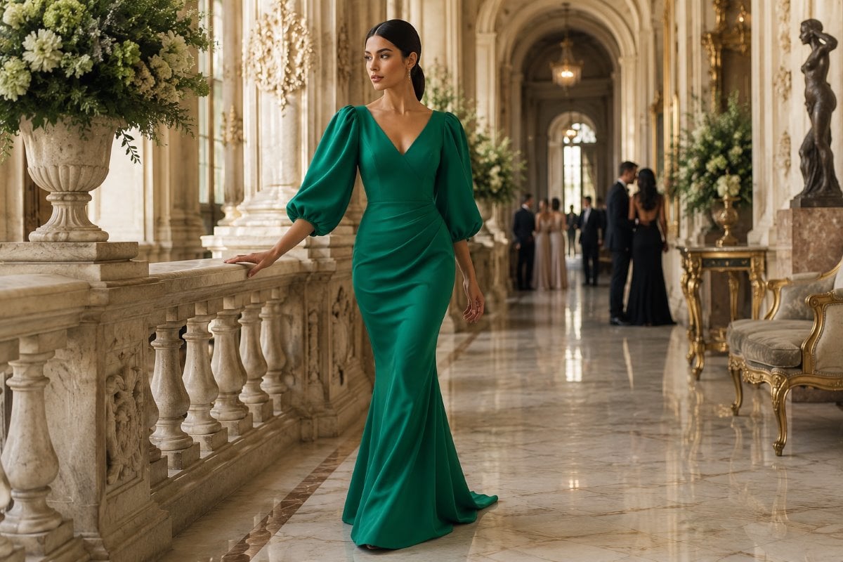 Emerald puff sleeve evening gown editorial