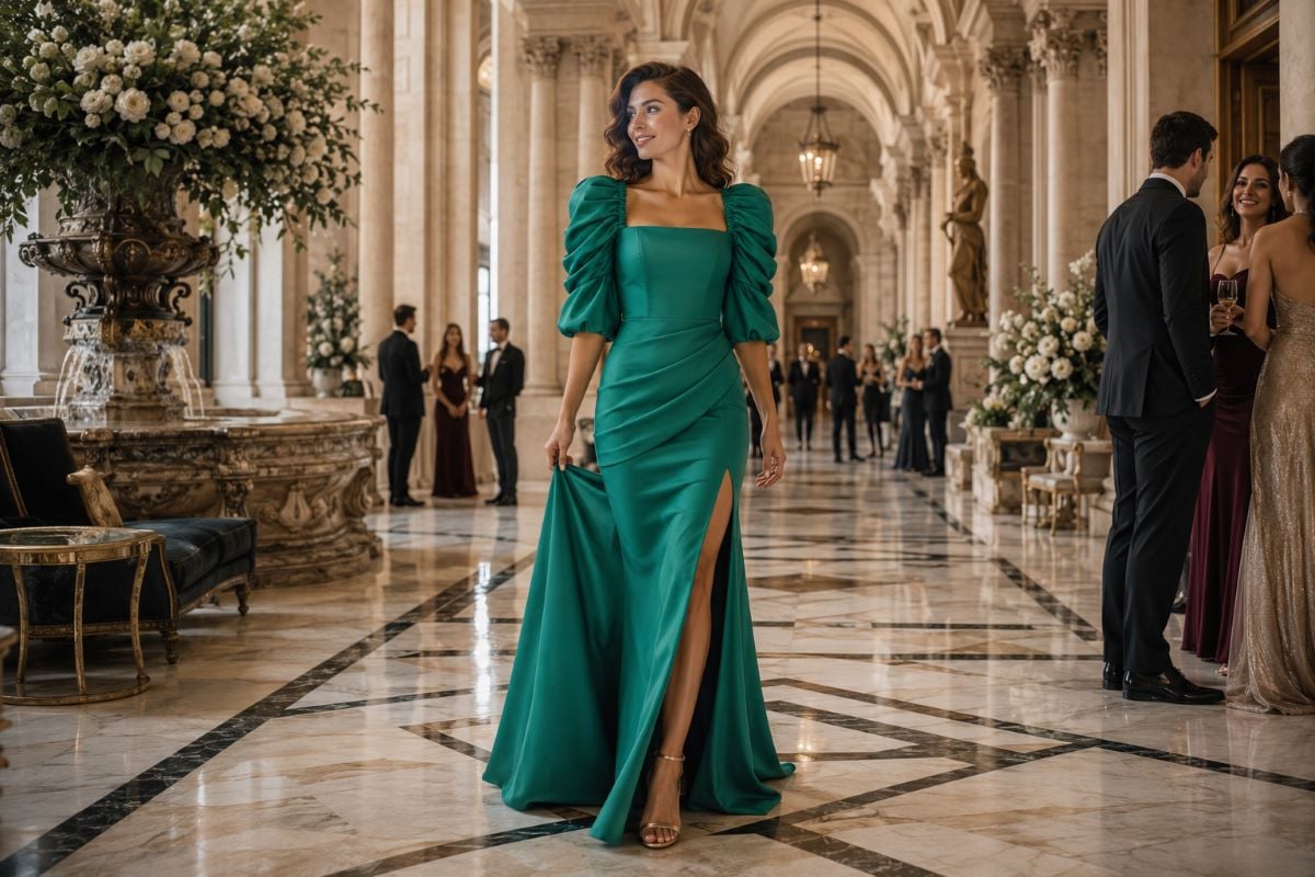 Emerald puff sleeve flattering evening gown