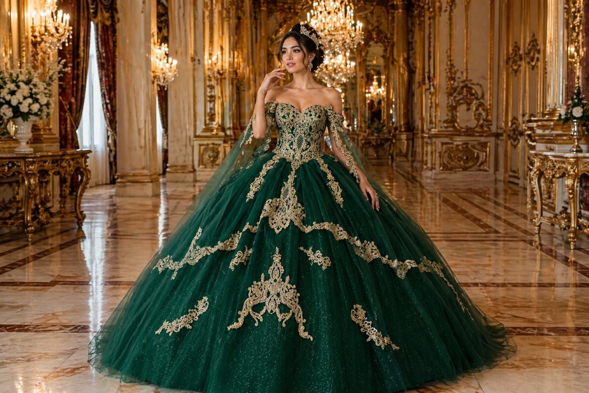 Emerald green ball gown with gold embroidery
