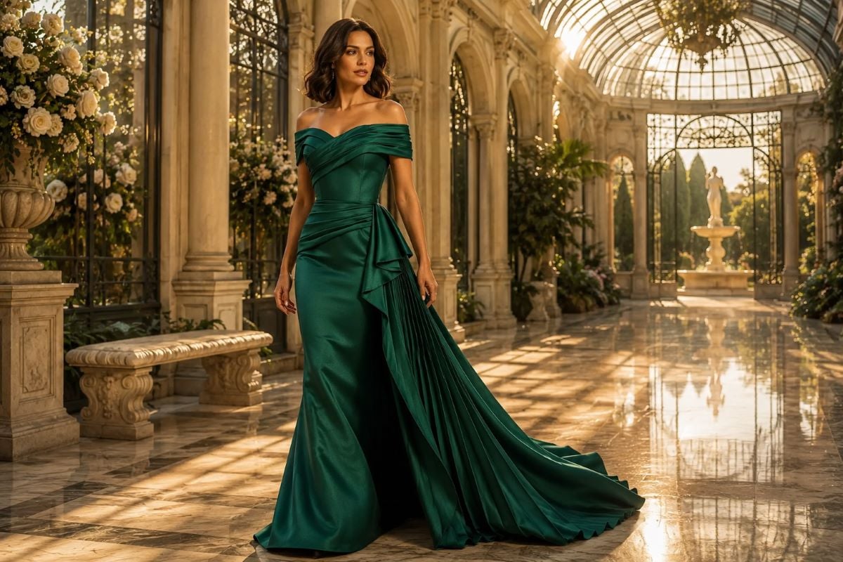 Emerald satin mother of the bride gown