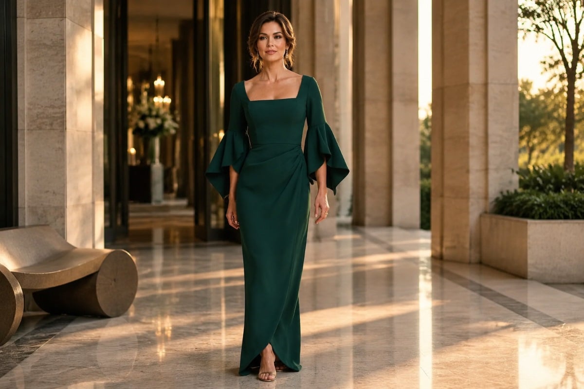 Elegant mother bride walking green gown venue