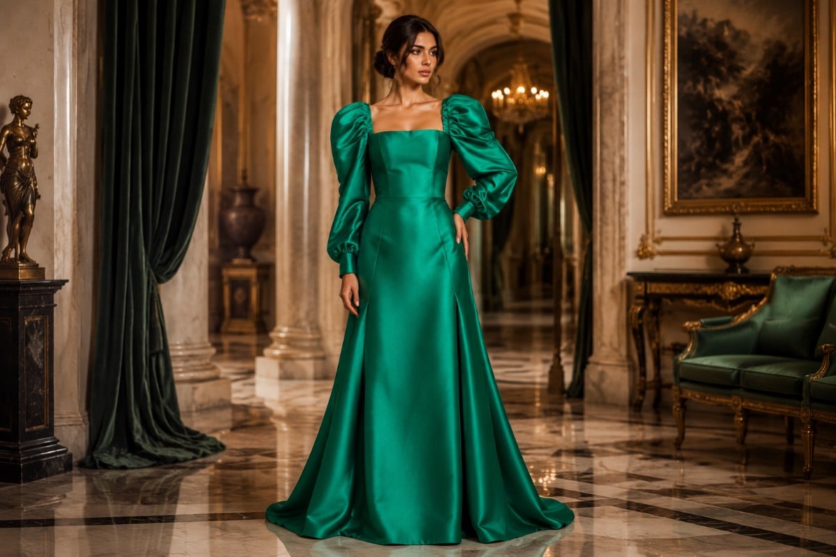 Emerald square neckline evening gown
