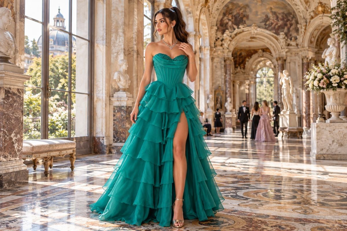 Emerald sweetheart prom dress jewelry styling