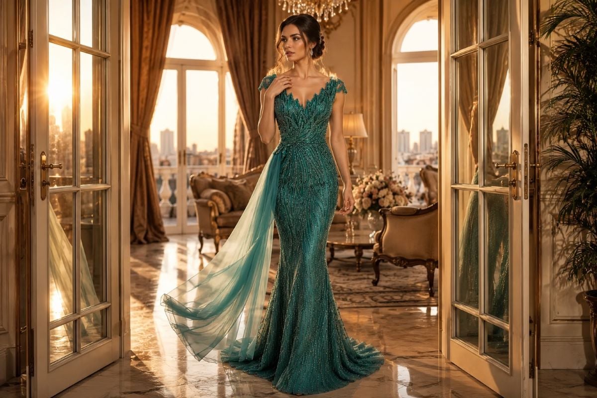 Emerald teal embellished couture evening gown
