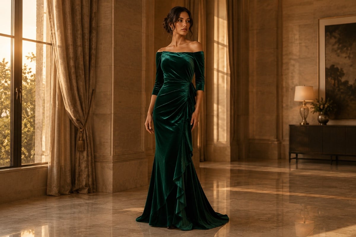 Emerald velvet off shoulder evening gown with three quarter sleeves