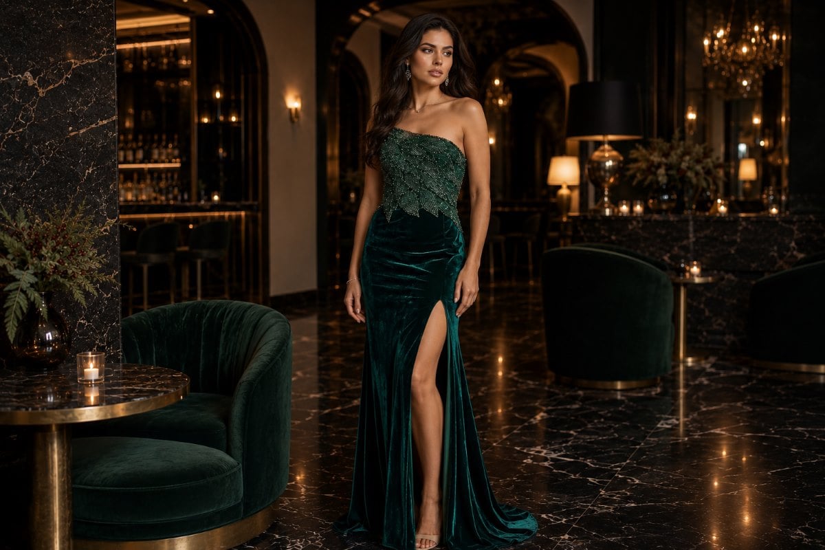 emerald velvet slit evening gown with beaded bodice