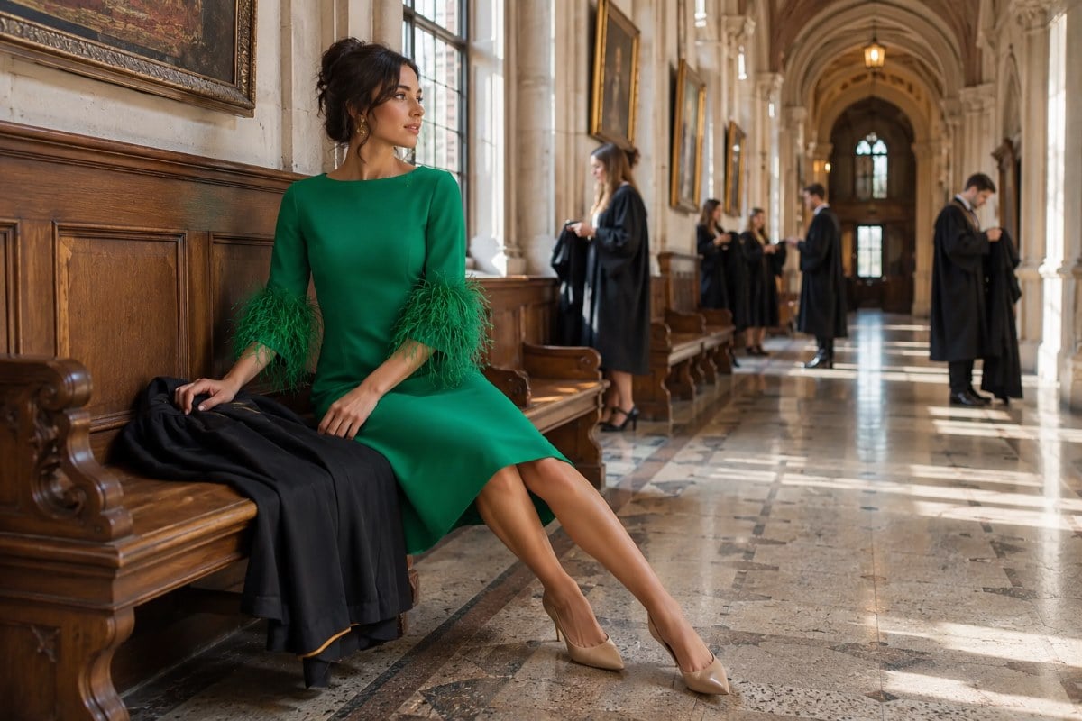 Emerald winter graduation dress under robe